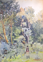 Makoldy József: Tölgyek, 1920 (akvarell kartonon, jelzett, 69x49 cm) paraszti alakos tájkép