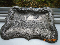 Chinese multi-person relief pattern silver-plated ritual(?)Pewter bowl with intertwined dragons on the rim