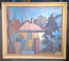 Angyalföldi Szabó Zoltán: Utcakép sárga házzal (pasztell, nagyméretű) aukcionált kép
