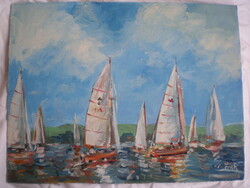 Bánfi  József  , karton 43 cm x 33 cm , CSODA SZÉP festmény Téma : Balaton , vitorlások
