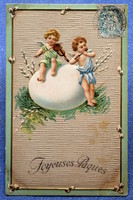 Antik dombornyomott Húsvéti litho üdvözlő képeslap muzsikáló angyalkák tojáson barkával