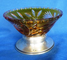 Old silver-plated, offering yellow crystal glass, marked, diameter 12.8 cm, 8 cm high