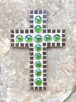Glass mosaic wall cross with green glass pebble decoration