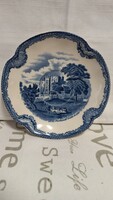 Old English blue tea plate, marked porcelain, flawless. It depicts a royal castle, very beautiful.