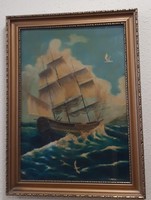 Vitorláshajó festmény antik üvegezett keretben