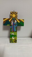 Solidarity charm from Salvador, painted wooden cross, flawless 15.5 x 10.5 cm