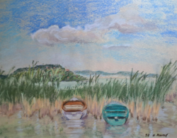 Balaton boats, with Tihany Abbey in the background - 1957? Pastel (including frame 48x58 cm)