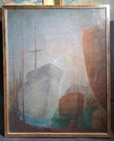 Hajnal a kikötőben (77x62 cm, olaj, karton) csodaszép nagyméretű hajós kép