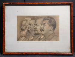 Kommunista arcképcsarnok - jelzett nyomat (kerettel 23x31) - Sztálin, Marx, Engels, Lenin
