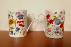 Two colorful, cheerful, atmospheric spring floral floral patterned porcelain tea cocoa mugs, a flawless pair of 2 dl