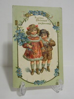 Antik dombornyomott üdvözlő litho képeslap aranyozott virágos lányok