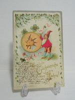 Antik dombornyomott Újévi üdvözlő litho képeslap aranyozott selyem rátéttel törpe szerencse malaccal