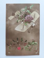 Régi újévi képeslap 1915 levelezőlap repülő virágok