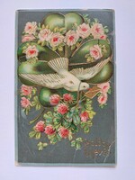 Régi újévi dombornyomott képeslap 1909 levelezőlap galamb rózsa lóhere