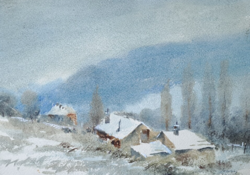 Lazetzky Stella B.: Hegyi falu télen - 1958 (teljes méret 52x44 cm) karácsony, női festő