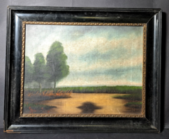 Tavaszi tájkép - régi olaj, vászon festmény - kerettel 40x50 cm - vízparti fák