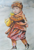 Gyermek a hóban - téli portré - "Cseh" jelzéssel - kerettel 32x21 cm