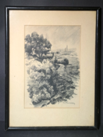 Úton a vándor - grafitceruza "Kis" (?) jelzéssel  - tájkép