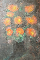 Virágcsendélet (olajfestmény, 50x35 cm) kétoldalas - pasztózus, piros virágok