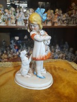 German, Germany Grafenthal, hand-painted porcelain figurine of a little girl petting a dog and cat. 15 Cm.