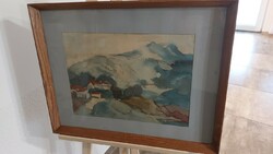 (K) Plesznivy Képcsarnokos Kis falu a hegyek közt akvarell festmény 62x49 cm kerettel