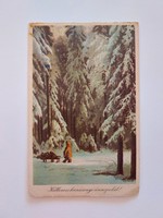 Régi karácsonyi képeslap rajzos levelezőlap havas fenyőerdő