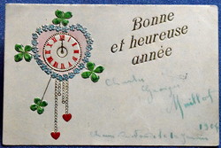 Antik dombornyomott Újévi üdvözlő litho képeslap 4levelű lóhere szív inga nefelejcs szív óra éjfél