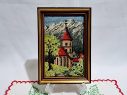 Gobelin kép fa keretben 18 x 12,5 cm tájkép mintával