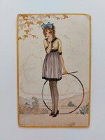 Old postcard 1923 art postcard with lady hoop