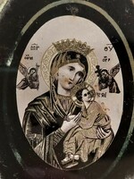 Régi vallási falidísz rézkeretes antik Mária falikép