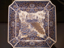 Imperial Peacock design, régi aranyozott páva mintás japán porcelán oktogon tányér, kínáló tál