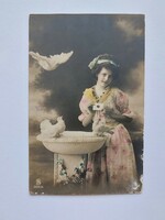 Régi képeslap fotó levelezőlap hölgy galambok