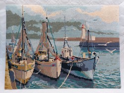 Gobelin vitorlás hajók tengerpart kikötő kézimunka kép falikép falidísz