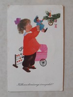 Régi karácsonyi képeslap 1960 kislány játékok rajzos levelezőlap