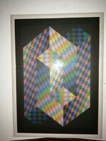 Victor Vasarely - "Torony" 1974 - nagyméretű,aláírt, színes szitanyomat.