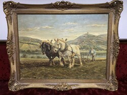 Antique painting of a peasant plowing with horses