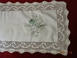 Tablecloth embroidered on cotton canvas, with a hand-crocheted border, size: 83 x 35 cm. He has! Jokai.