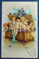 Antik üdvözlő litho képeslap  angyalkák ajándék vesszőkosárban ibolya