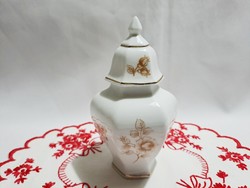 Hollóházi kézzel festett virág mintás porcelán fedeles urna váza 14 cm
