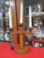Hand-carved wooden 3-branch candle holder with a folk motif. 27 cm.