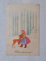 Régi karácsonyi képeslap 1957 levelezőlap őzike havas erdő