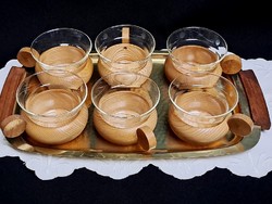 Schott & Gen Mainz Jena Glass (?) üveg teás kávés készlet sárgaréz tálcán fa füles tartóban