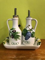 Olive oil and vinegar holder with a matching olive serving bowl, Italian dishing