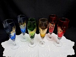 Set of 6 very nice colored champagne crystal (?) glass glasses with gold pattern