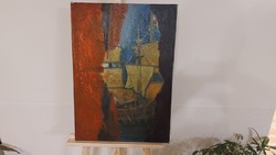 (K) signed painting ship 50x70 cm