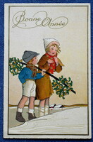 Art deco Újévi üdvözlő litho képeslap gyerekek magyal téli táj