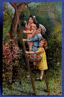 Antik dombornyomott üdvözlő litho képeslap gyerekek arany létrán virágos kosárral