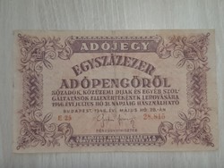 Egyszázezer adópengőről 1946 sorszámozott  100000 adópengőről