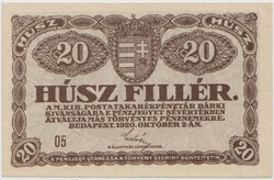 Húsz Fillér 1920. október 2-án. bankropogós bankjegy, Magyar Királyság - Korona korszak 1892 - 1925.