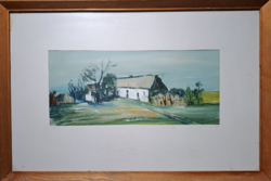 Farm (oil painting with frame 73x43 cm) lowland landscape, peasant life - with unidentified mark